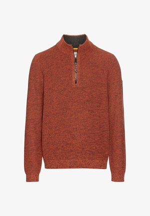 Gestrickter Reißverschluss-Pullover in meliertem Rostorange mit einem gerippten Kragen und subtiler Textur. Verfügt über einen Reißverschluss bis zur halben Länge und eine Seitentasche.