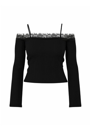 Top nero a maniche lunghe scollato sulle spalle, con sottili spalline e bordatura in pizzo lungo lo scollo, modello aderente.