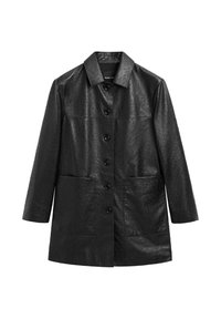 Manteau en similicuir noir avec surface texturée, boutonnage frontal, col pointu et deux poches avant. Design simple et droit.