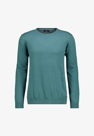 Türkisfarbener gestrickter Pullover mit langen Ärmeln und Rundhalsausschnitt. Verfügt über einen gerippten Saum und Bündchen, die eine glatte Textur bieten. Minimalistisches Design.