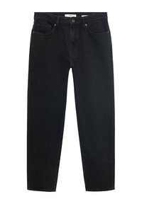Jeans negre cu un croi drept, dotate cu buzunare frontale și închidere cu nasture, expuse pe un fundal simplu.