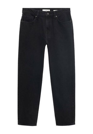 Jeans neri con taglio dritto, dotati di tasche frontali e chiusura con bottone, esposti su uno sfondo neutro.