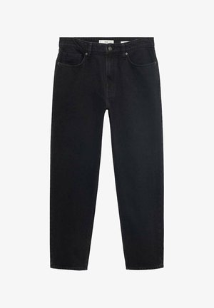 Schwarze Jeans mit geradem Beinschnitt, ausgestattet mit Fronttaschen und einem Knopfverschluss, vor einem schlichten Hintergrund präsentiert.