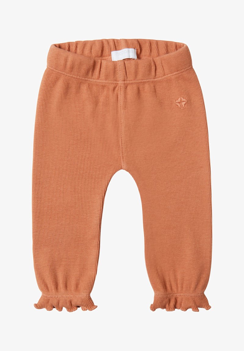 Pomarańczowe legginsy dla maluchów z prążkowanym wzorem, elastycznym pasem i falbaniastymi mankietami. Posiadają małe haftowane logo w pobliżu pasa.