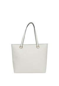 Borsa tote in finta pelle bianca con logo "LIU JO MILANO" in rilievo, profili neri a contrasto e hardware dorato. Presenta due manici superiori.