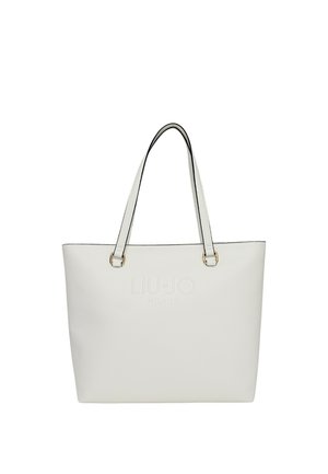 Borsa tote in finta pelle bianca con logo "LIU JO MILANO" in rilievo, profili neri a contrasto e hardware dorato. Presenta due manici superiori.