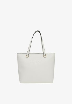 Borsa tote in finta pelle bianca con logo "LIU JO MILANO" in rilievo, profili neri a contrasto e hardware dorato. Presenta due manici superiori.