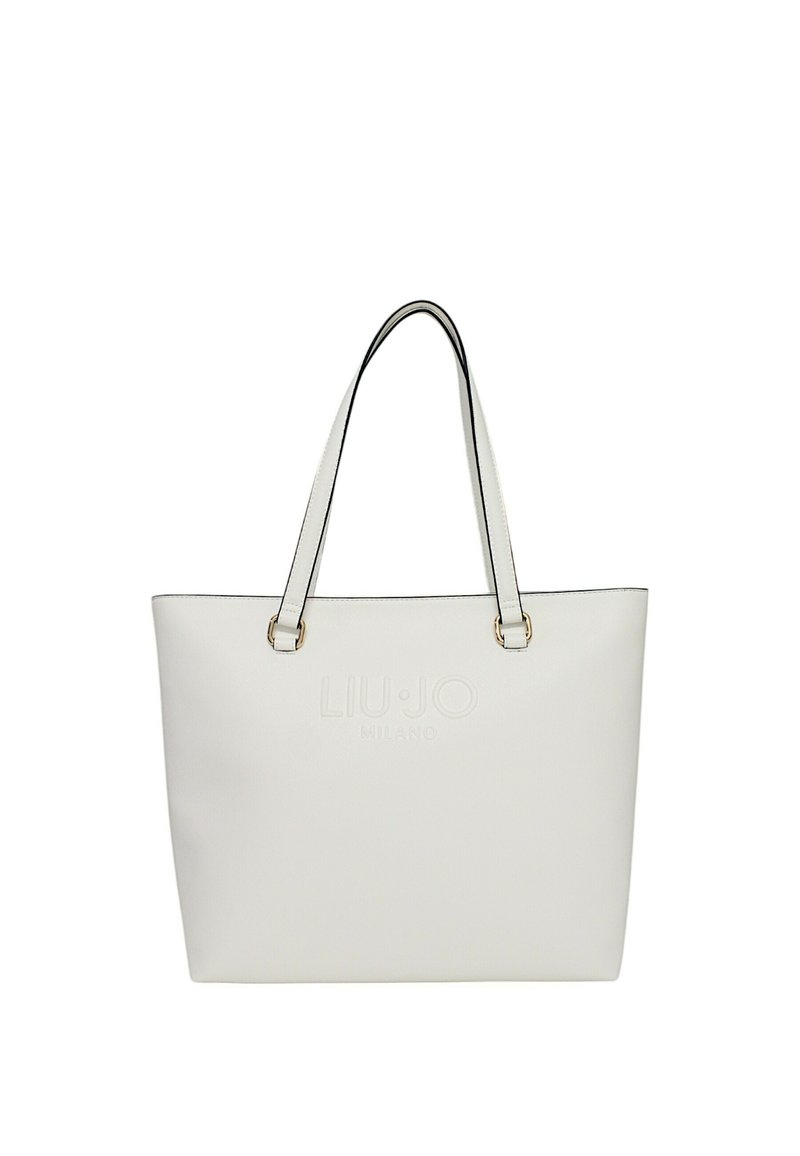 Borsa tote in finta pelle bianca con logo "LIU JO MILANO" in rilievo, profili neri a contrasto e hardware dorato. Presenta due manici superiori.