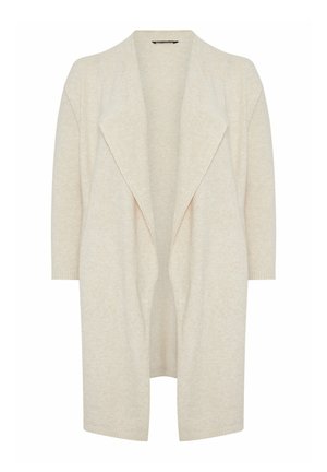 Cardigan lungo beige con davanti aperto, ampi revers e maniche a tre quarti, realizzato in morbido tessuto a maglia.
