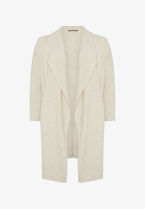 Cardigan lungo beige con davanti aperto, ampi revers e maniche a tre quarti, realizzato in morbido tessuto a maglia.