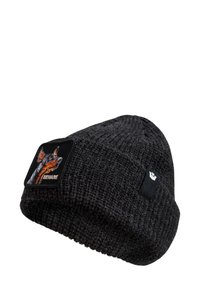 Black knit beanie with a textured weave; features a patch depicting a dog's head and the word "BEWARE." Accent logo on the side.