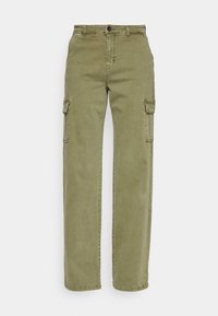 Pantaloni cargo de culoare verde măslinie, cu talie înaltă, design drept, buzunare laterale cargo și un material din bumbac texturat.