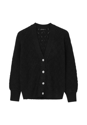 Schwarze Strickjacke aus strukturiertem Strickstoff, mit einem Rautenmuster und fünf edelsteinartigen Knöpfen auf der Vorderseite. V-Ausschnitt-Design.