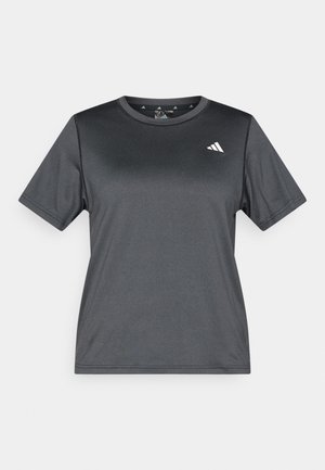 Kurzärmeliges T-Shirt mit Rundhalsausschnitt in Dunkelgrau, aus glattem, leichtem Stoff. Mit einem weißen Logo auf der linken Brust.