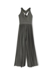 Tuta metallizzata grigio scuro senza maniche con pantaloni larghi plissettati e schiena a V incrociata.