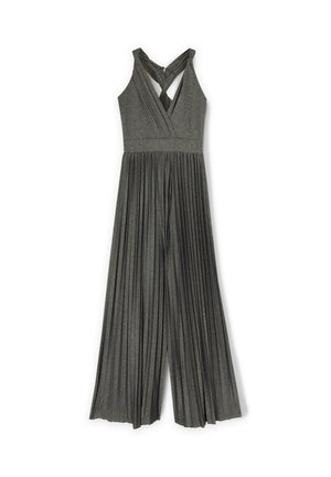 Tuta metallizzata grigio scuro senza maniche con pantaloni larghi plissettati e schiena a V incrociata.