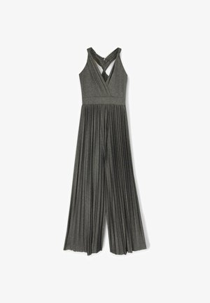 Mono sin mangas de color gris metálico oscuro, con pantalones anchos plisados y un escote en V cruzado en la parte posterior.