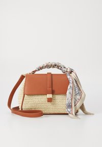 Tan leather handbag with woven straw base, rectangular shape, gold hardware, and a patterned scarf accent on the handle.