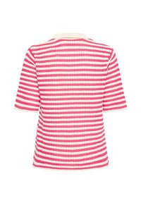 Kratek pleteni top s kratkimi rokavi, z vodoravnimi roza in belimi črtami ter belim ovratnikom, prikazan od zadaj na belem ozadju.