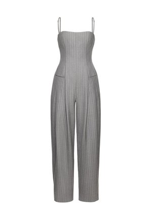 Szary kombinezon w cienkie prążki, bez rękawów, z szerokimi nogawkami, cienkimi ramiączkami i przednimi kieszeniami.