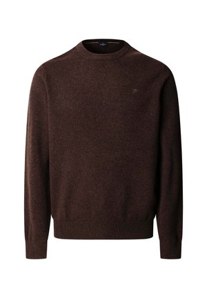 Donkerbruin wollen sweater voor heren met ronde hals, lange mouwen en geribde manchetten en onderkant, met een klein geborduurd logo op de borst.