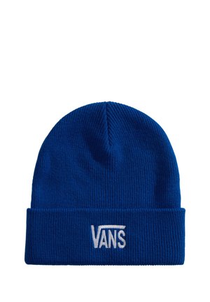 Blau gestrickte Beanie mit umgeschlagenem Bündchen und weiß gesticktem Vans-Logo auf dem Bündchen vor weißem Hintergrund.