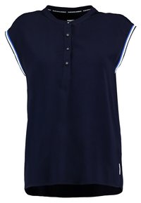 Polo shirt a maniche corte blu navy con pattina a bottoni e accenti blu a contrasto sui polsini. Realizzato in un tessuto liscio.