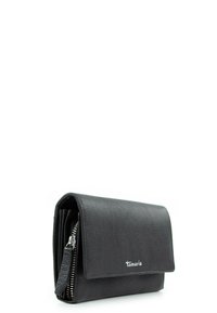 Black textured synthetic leather wallet with a flap closure, zippered compartment, and silver-tone logo detail on the front.