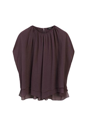 Dark purple, flowy blouse with a round neckline and gathered fabric detail. Features layered design and soft, lightweight material.