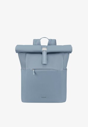 Light blue roll-top backpack with front zip pocket, silver clasp, padded shoulder straps, and top carrying handle, isolated on white background.