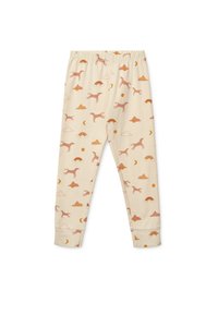 Leggings beige chiaro con una texture morbida, caratterizzati da una stampa ripetuta di cani saltanti, nuvole e arcobaleni nelle tonalità di rosa e arancione.