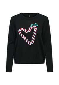 Schwarzer Pullover mit einem Pailletten-Herzdesign aus roten und weißen Zuckerstangenstreifen, akzentuiert mit einer kleinen grünen Schleife.