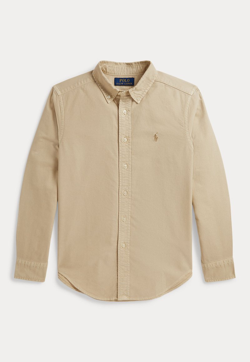 Μπεζ μακρυμάνικο πουκάμισο Polo Ralph Lauren με κουμπιά, γιακά και κεντημένο λογότυπο στην αριστερή πλευρά του στήθους.