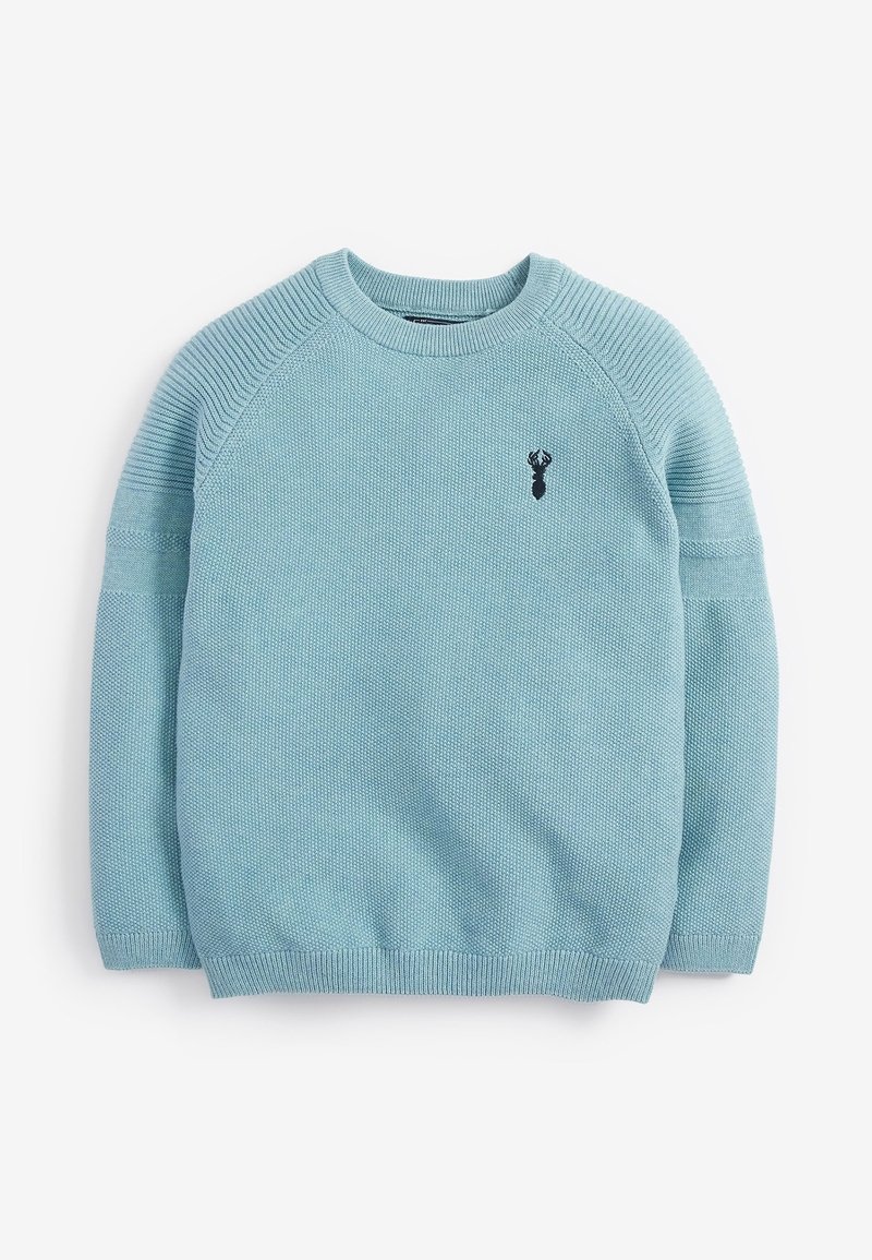 Pull bleu clair en maille avec col rond, manches longues et petit emblème noir de cerf sur la poitrine gauche.