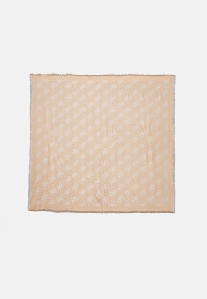 Sciarpa color pesco con un design a motivi che presenta motivi bianchi, rifinita con bordi frangiati, texture morbida e forma quadrata.