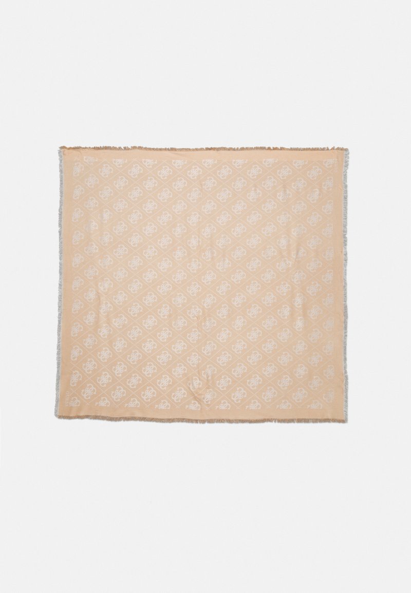 Różowa chustka w kolorze brzoskwiniowym z wzorem z białymi motywami, wykończona frędzlami, o miękkiej fakturze i kwadratowym kształcie.