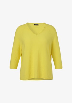 Gele V-hals gebreide trui met driekwartmouwen en een losse pasvorm, gelabeld met "Via Appia Due."