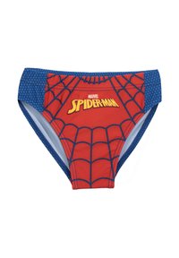 Short de bain rouges avec un motif de toile de Spider-Man, des accents bleus sur les côtés et un logo audacieux "MARVEL SPIDER-MAN" au centre.