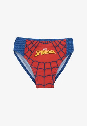 Rode zwemshorts met een Spider-Man webpatroon, blauwe accenten aan de zijkanten en een gedurfde "Marvel SPIDER-MAN" logo in het midden.