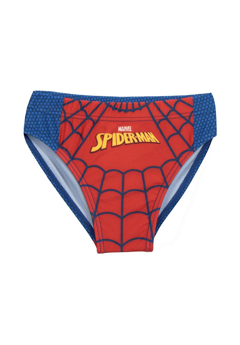 Short de bain rouges avec un motif de toile de Spider-Man, des accents bleus sur les côtés et un logo audacieux "MARVEL SPIDER-MAN" au centre.