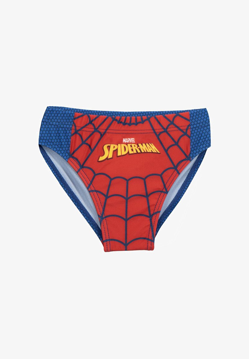 Costumi da bagno rossi con un motivo a rete di Spider-Man, dettagli blu sui lati e un audace logo "MARVEL SPIDER-MAN" al centro.