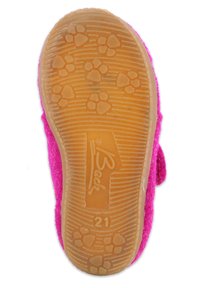 Rosa Filzhaussohle mit Pfotenabdruck-Muster, gummierte braune Basis und geprägtem Logo. Größe 21 auf der Sohle angegeben.