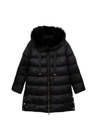 Abrigo acolchado negro con cuello de piel sintética, cierre de cremallera y botones a presión. Presenta una forma cuadrada y textura acolchada para el aislamiento.