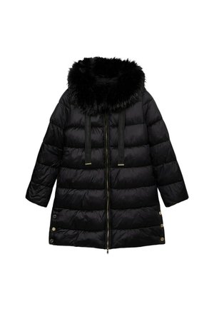 Czarna kurtka puchowa z futrzanym kołnierzem, zapięcie na zamek i zatrzaski. Posiada prostokątny krój i pikowaną fakturę dla lepszej izolacji.