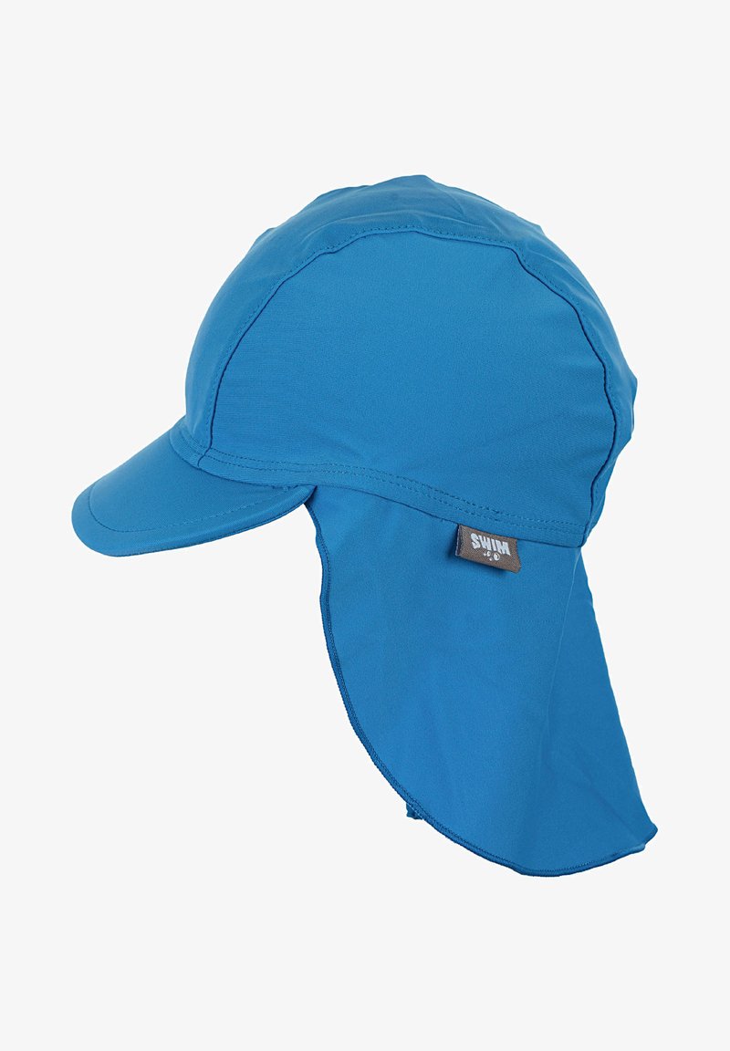 Blauer Sonnenhut aus leichtem Stoff, mit einem gebogenen Schirm und einer Nackenklappe zum Sonnenschutz, mit einem seitlichen Etikett "SWIM".