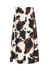 Una falda hasta la rodilla con un fondo blanco y grandes manchas de estampado animal en negro y marrón. Está hecha de una tela suave y ligera con una cintura elástica.