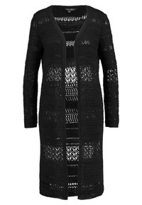 Black crocheted cardigan with long sleeves, open front, and various lace patterns. Features a textured, lightweight design.