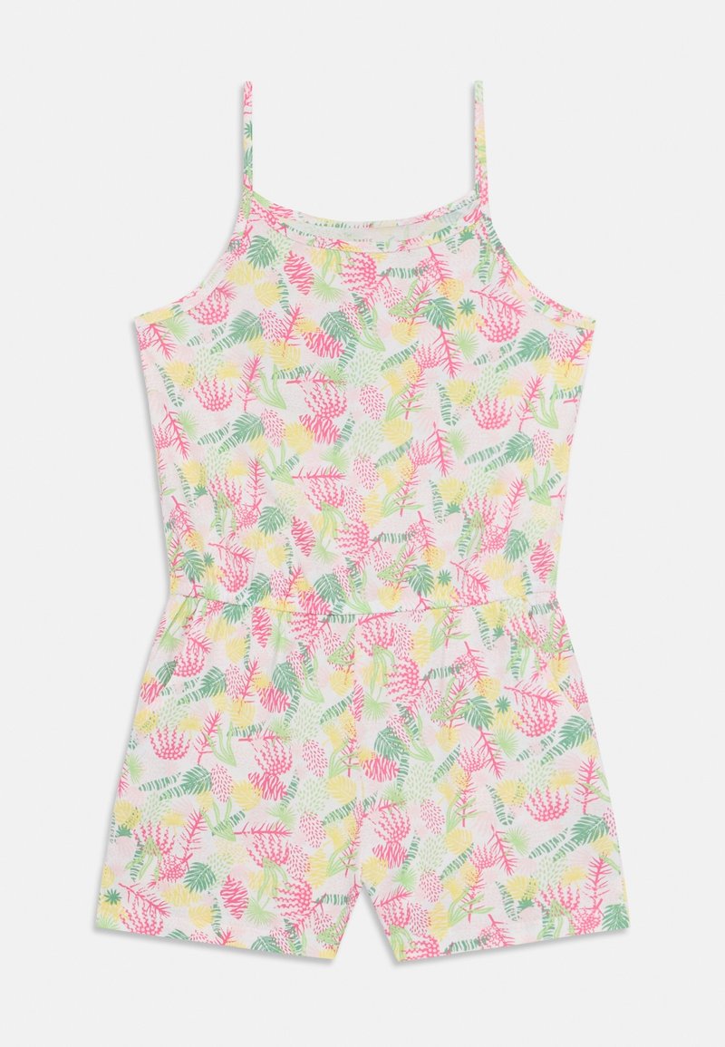 Combinaison sans manches avec bretelles fines réglables, taille élastique et imprimé multicolore de feuilles tropicales et d'ananas sur tissu blanc.