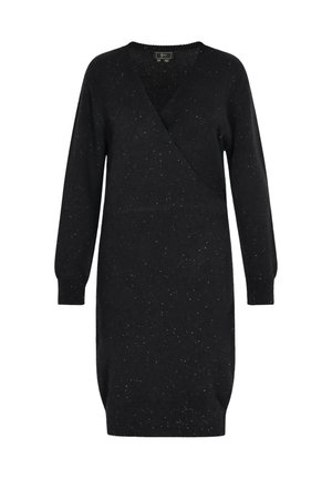 Fekete kötött ruha V-nyakkal és keresztbe záródó dizájnnal. Hosszú ujjakkal rendelkezik, és ezüst szórt pöttyökkel díszített, ami finom textúrát kölcsönöz neki.