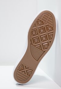 Bílé plátěné tenisky s texturovanou gumovou podrážkou, která má geometrický vzor a logo "Converse All Star".